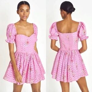 LoveShackFancy Altima Mini Dress Pink Floral Puff Sleeve 100% Cotton Medium